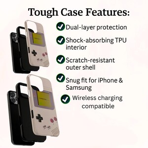 May include: A phone case with a retro video game design in beige and black. The case features a screen displaying "LOADING..." and buttons. The image also highlights features like dual-layer protection and wireless charging compatibility.
