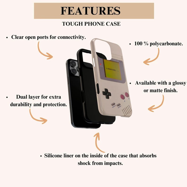 May include: A tough phone case with a retro video game design. Features include clear open ports, dual-layer construction, and a silicone liner for impact absorption. Made of 100% polycarbonate and available in glossy or matte finishes. The case is designed for durability and protection.