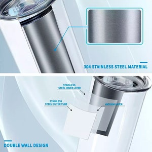 May include: Close-up of a stainless steel tumbler with a double-wall design. The image highlights the 304 stainless steel material, inner and outer layers, and vacuum layer. Text on the image reads "304 STAINLESS STEEL MATERIAL" and "DOUBLE WALL DESIGN."