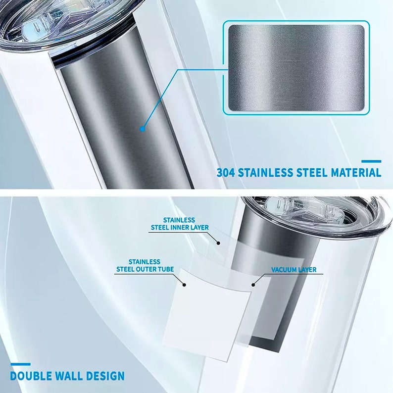 May include: Close-up of a stainless steel tumbler with a double-wall design. The image highlights the 304 stainless steel material, inner and outer layers, and vacuum layer. Text on the image reads "304 STAINLESS STEEL MATERIAL" and "DOUBLE WALL DESIGN."