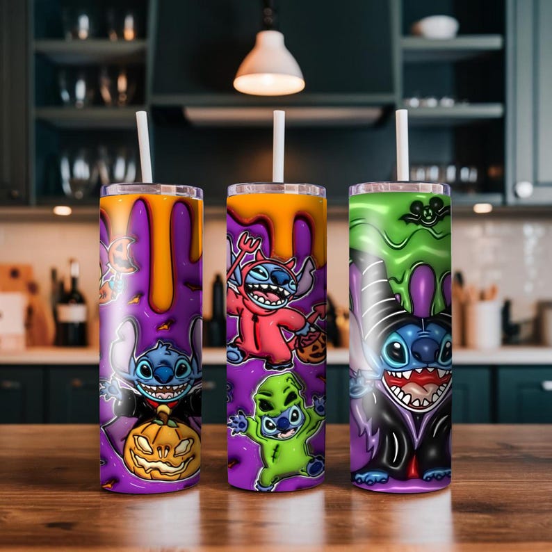 May include: Three Halloween-themed tumblers with straws. Each tumbler features a different Stitch character design in costume, with a purple background and orange or green dripping accents. One has a vampire design, another a devil, and the third a witch.