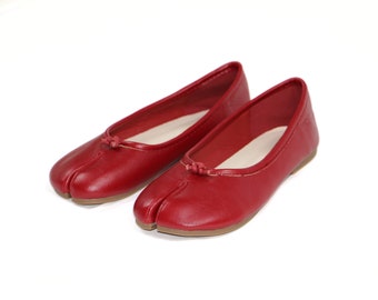 Handmade Red Leather Tabi Shoes - Chic Split-Toe Mary Jane Flats, Elegant Slip-on Ballet Style, Comfortable Everyday Fashion Footwear