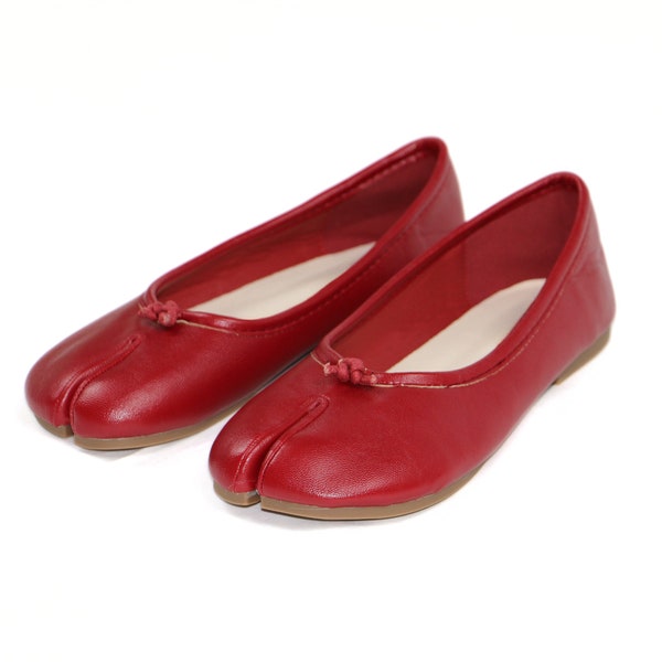 Handmade Red Leather Tabi Shoes - Chic Split-Toe Mary Jane Flats, Elegant Slip-on Ballet Style, Comfortable Everyday Fashion Footwear