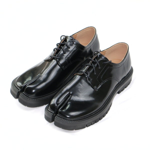 Chaussures Derby noires brillantes à bout fendu | Chaussures uniques pour hommes inspirées des Tabi | Chaussures habillées en cuir de luxe