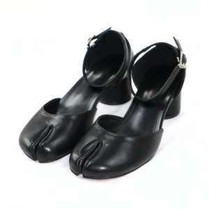 Classic Black Leather Tabi Heels - Split Toe Design with Ankle Strap, Elegant Women's Dress Shoes for Formal and Casual Wear