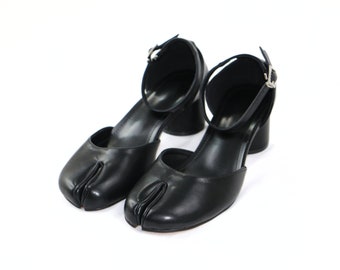 Classic Black Leather Tabi Heels - Split Toe Design with Ankle Strap, Elegant Women's Dress Shoes for Formal and Casual Wear