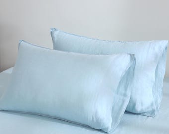 100% Pure French Linen Pillowcases (Set of 2) - Natural Stonewashed, Soft, Breathable, Moisture-Wicking & Eco-Friendly Pillow Covers-Blue