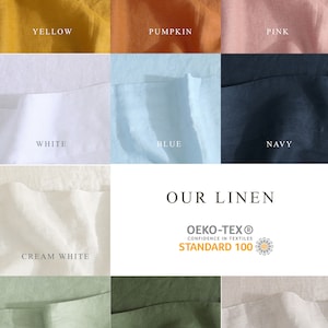 Puede incluir: Una carta de colores de muestras de tela de lino en varios colores, incluyendo amarillo, calabaza, rosa, blanco, azul, azul marino, blanco crema, salvia, verde y lino natural. La carta tambi&eacute;n incluye el logotipo de Oeko-Tex Standard 100, que indica que el lino est&aacute; certificado como seguro para textiles.