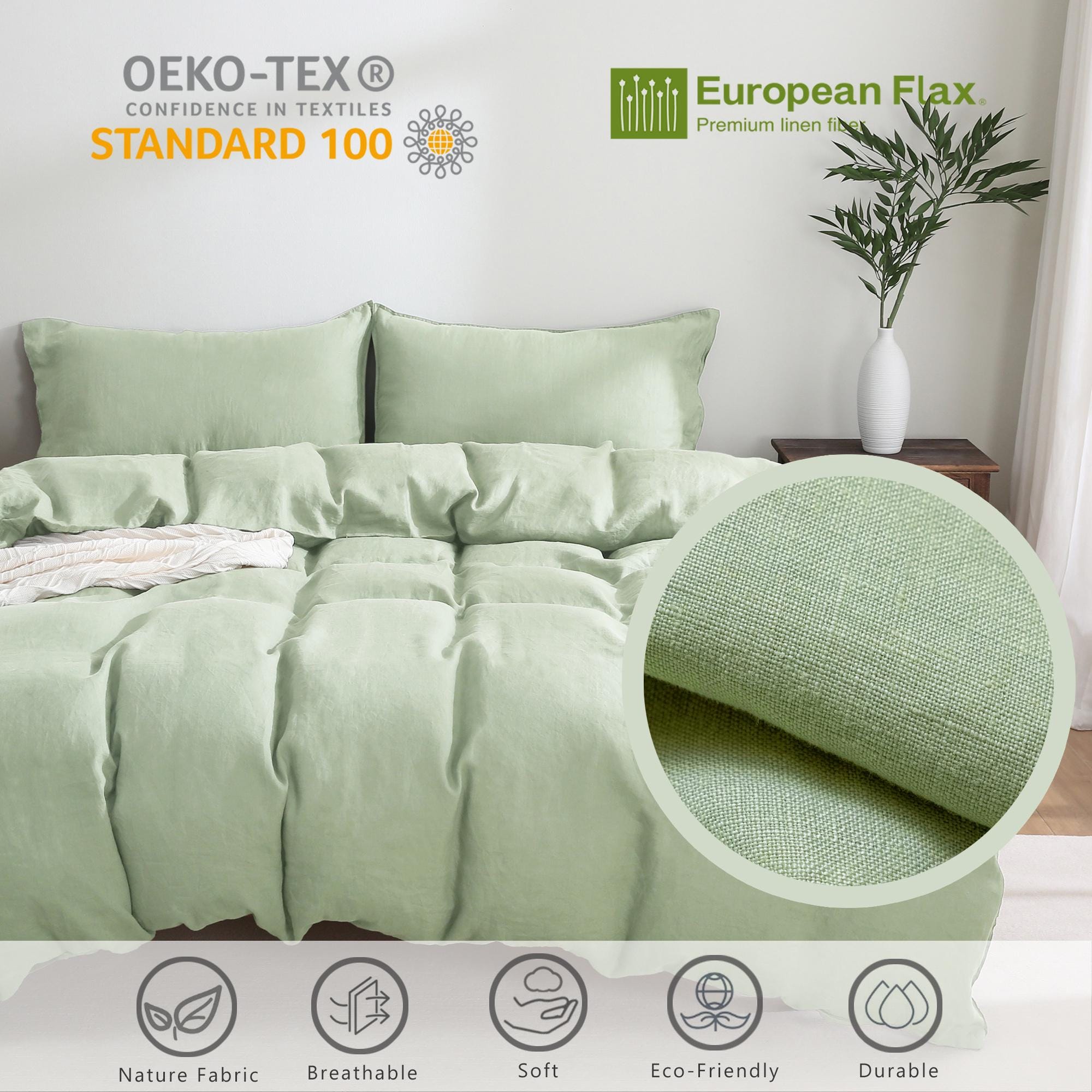YOUR MOON 100% Natural French Linen Duvet Cover Queen Set - 3 Piece, Stone Washed, Breathable & Cooling With Button Closure