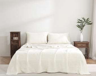 Sábana encimera de lino francés 100 % puro: lavada a piedra natural, suave, transpirable, ecológica, perfecta para todas las estaciones (sábana encimera únicamente) - Crema