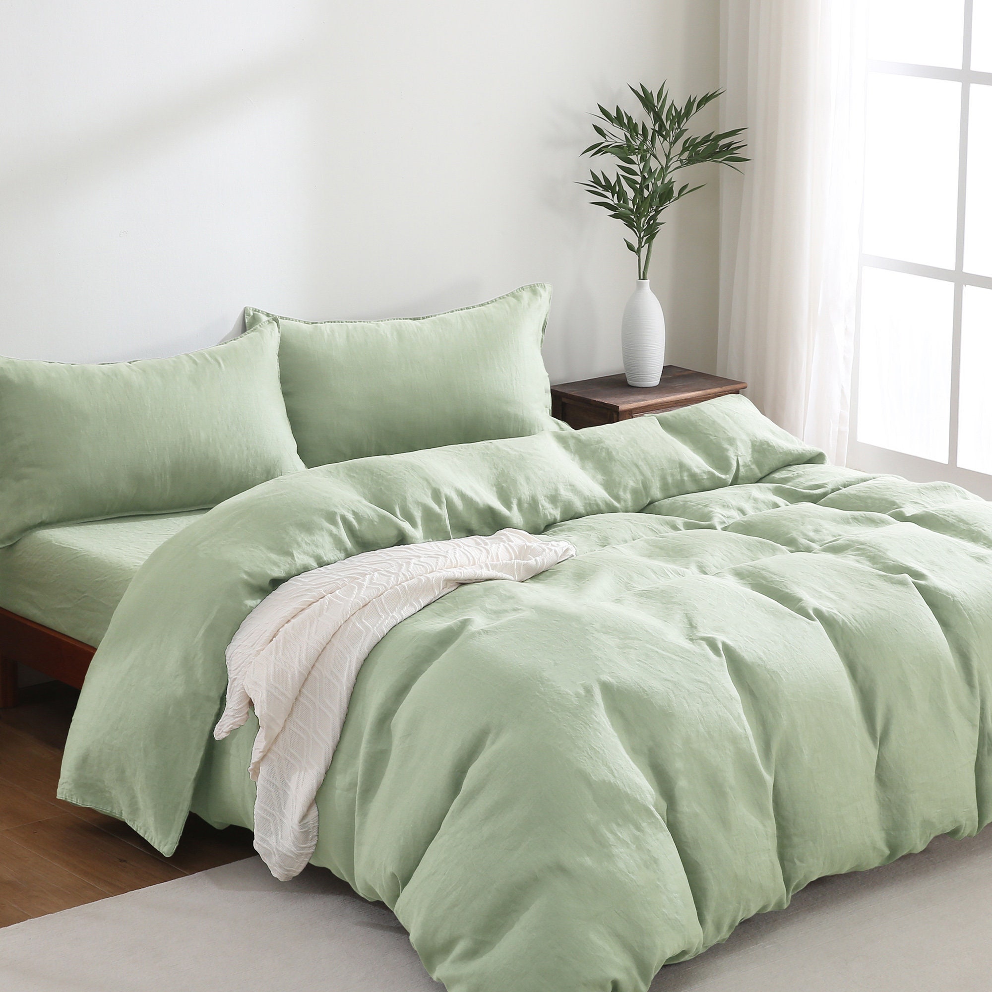 Pure French Linen Bedding Duvet Cover 4 Pcs Set (1 Duvet Cover 1 Fitted Sheet 2 Pillowcases) -Breathable with Button Closure and Corner Ties