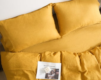 Linen Duvet Cover 4 Pcs Set (1 Duvet Cover 1 Flat Sheet 2 Pillowcases) - 100% French Linen Breathable with Button Closure and Corner Ties