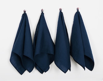 Natural Linen Kitchen Towels (Set of 4) - 100% Pure French Flax Tea Towels, 14 x 28 Inch Dish & Hand Towels for Kitchen - Navy
