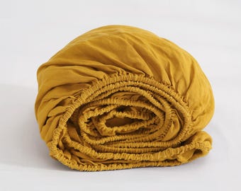 100% Pure Linen Fitted Sheet - Natural Stonewashed, Soft & Breathable Bed Sheet with 16'' Deep Pocket (Fitted Sheet Only) - Yellow