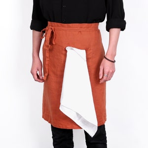 100% Linen Bistro Half Apron - 25 x 35 Inch, Unisex, Large Pockets, Adjustable Waist Ties, Ideal for Kitchen, Crafts, Cafe & More - Caramel