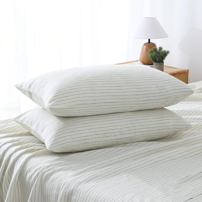 100% Linen Pillowcases (Set of 2) - Pure French Linen Pillow Case Luxuriously Soft and Breathable Pillow Cover Green Stripes