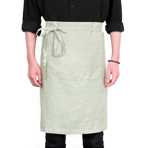 Unisex Pure Linen Bistro Half Apron - 25 x 35 Inch, Large Pockets, Adjustable Waist Ties, Ideal for Kitchen, Crafts and More - Sage Green