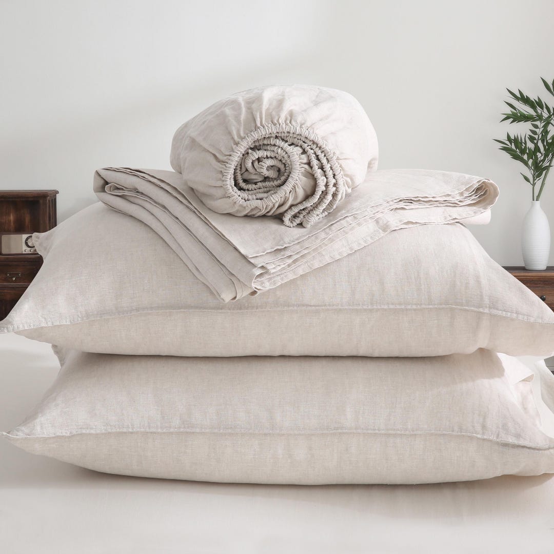 100% Linen Sheets Set 4P (1 Fitted Sheet 1 Flat Sheet 2 Pillowcases ...