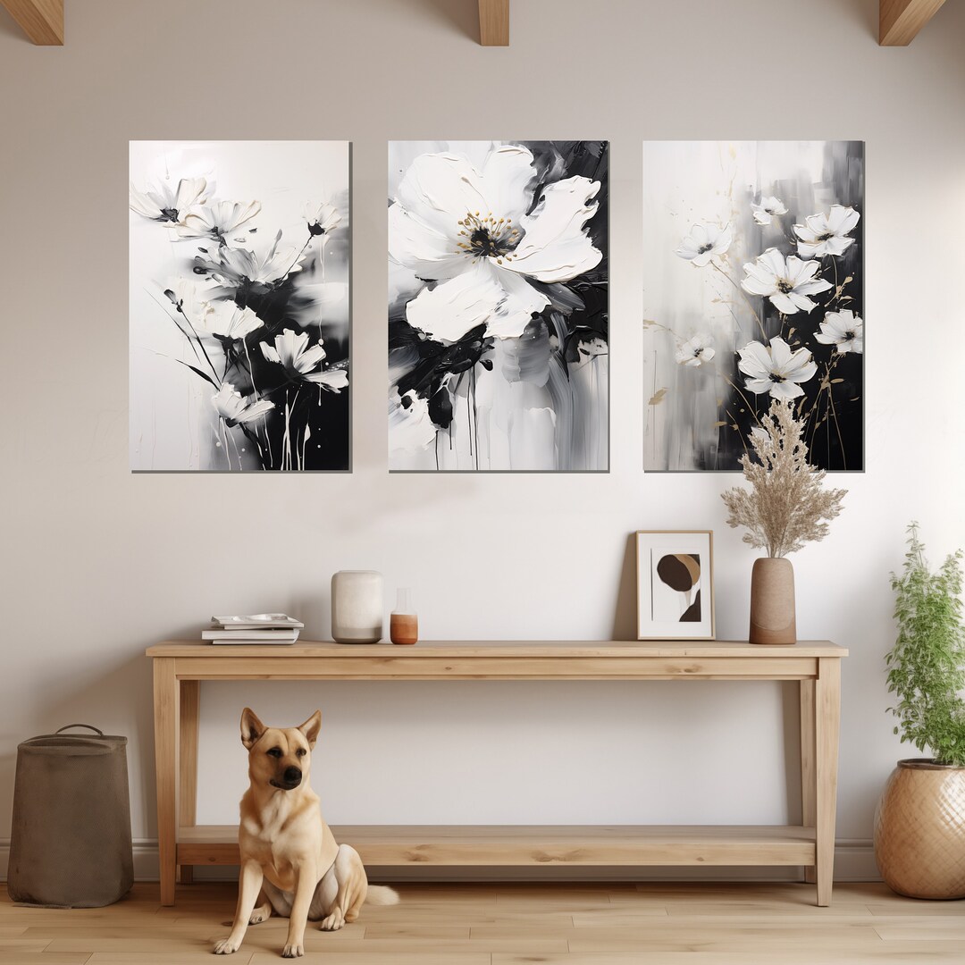 Canvas and Print Wall Art, Black and White Flowers, Botanical, Living