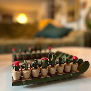 May include: A miniature cactus garden display. The display features several small potted cacti with red flowers, arranged on a green wooden base. The pots are beige, and the cacti vary in shape and size. The background is blurred.