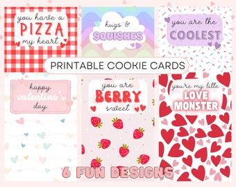 Tarjetas de galletas para el día de San Valentín, paquete de 6 tarjetas de galletas para el día de San Valentín imprimibles de 4 x 6, tarjetas de galletas para el día de San Valentín para niños, tarjetas de galletas divertidas para el día de San Valentín