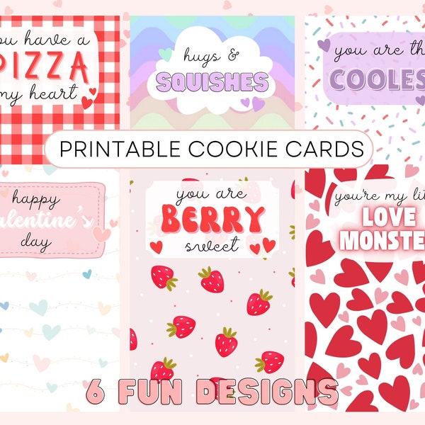 Valentine's Day Cookie Cards, 6 Pack Bundle of Printable Valentines Cookie Cards 4x6, Kids Valentine Cookie Cards, Funny Vday cookie cards