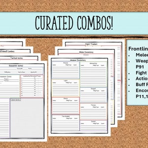 May include: A set of printable Dungeons and Dragons character sheets, including a fight tracker, action planner, buff planner, encounter notes, melee inventory, and weapon inventory. The sheets are organized into a curated combo pack.