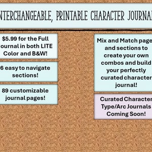 May include: A corkboard with a blue and white printable character journal announcement. The journal is $5.99 for the full version, which includes both color and black and white versions. It has 6 easy to navigate sections and 89 customizable journal pages. The journal allows you to mix and match pages and sections to create your own combos. Curated character type/arc journals are coming soon.