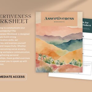Puede incluir: Un cuaderno de trabajo titulado "Assertiveness Worksheet" con un diseño de paisaje en acuarela. La portada presenta la palabra "Assertiveness" y el texto "Worksheets". La imagen también incluye las palabras "Immediate Access".