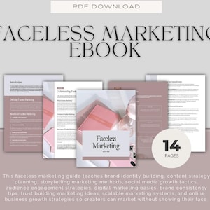 以下が含まれることがあります： 「Faceless Marketing」というタイトルの電子書籍。明るいピンクと白の表紙。画像には、テキストとグラフィックが記載されたいくつかの開いたページと、「14 PAGES」というテキストが表示されています。このガイドは、ブランドアイデンティティの構築とオンライン成長戦略を教えています。
