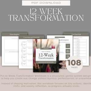 Könnte beinhalten: Ein digitales Arbeitsbuch mit dem Titel "12 Week Transformation" mit floralem Cover-Design. Das Arbeitsbuch enthält Seiten für Visions-Snapshots, Einschränkungen und Ziele. Der Text auf dem Cover lautet "The Ultimate 12-Week Transformation" und das Arbeitsbuch hat 108 Seiten.