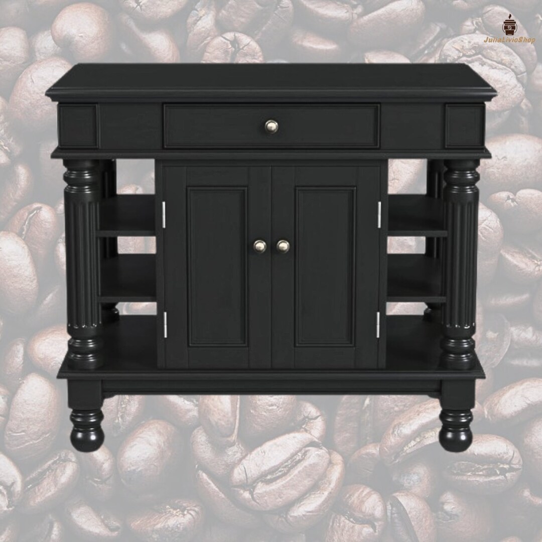 Americana Black Kitchen Island With Open Shelving, Kitchen Utensils