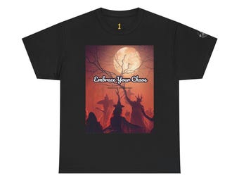 Camiseta "Abraza tu Caos": Camiseta unisex de algodón grueso para Halloween, regalo para creativos, camiseta gráfica, estilo vanguardista, top gráfico único.