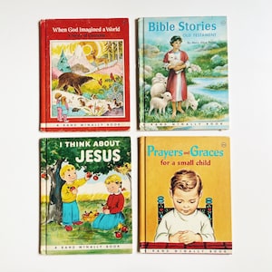 Set of 4 Vintage 1950’s Rand McNally Religious Children’s Books, I Think About Jesus, Bible Stories, Prayers for Small Child, Creation Story