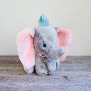 Vintage Disney Plush Dumbo Stuffed Animal Toy, Nostalgic Mid Century Walt Disney Character Circus Elephant with Blue Hat and Collar