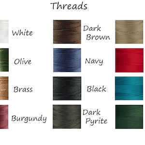 May include: A chart showing 12 different colors of thread, labeled with their names: White, Dark Brown, Khaki, Olive, Navy, Red, Brass, Black, Oceanic, Burgundy, Dark Pyrite, and Green.