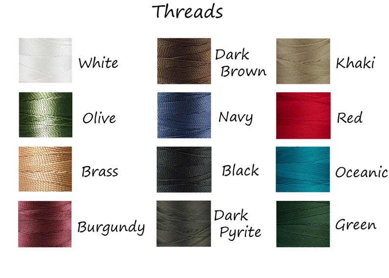 May include: A chart showing 12 different colors of thread, labeled with their names: White, Dark Brown, Khaki, Olive, Navy, Red, Brass, Black, Oceanic, Burgundy, Dark Pyrite, and Green.