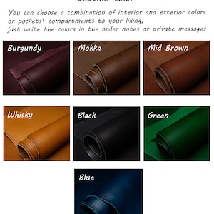 May include: Leather color swatches in burgundy, mokka, mid brown, whisky, black, green, and blue.