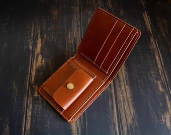 Leather Bifold Wallet with Coin Pocket – Men’s Slim Minimalist Full Grain Leather Card Holder, Birthday Gift, Husband Gift