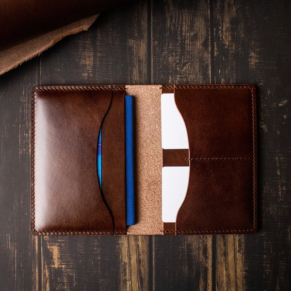 Leather passport holder, personalised cover, men's brown wallet