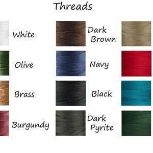 May include: A chart showing 12 different colors of thread, labeled with their names: White, Dark Brown, Khaki, Olive, Navy, Red, Brass, Black, Oceanic, Burgundy, Dark Pyrite, and Green.
