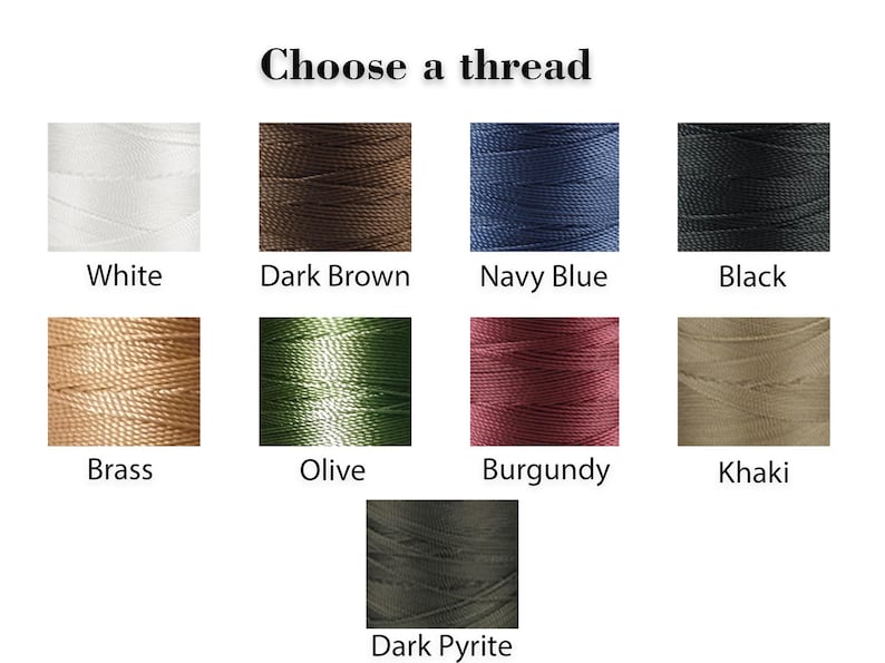 May include: A selection of thread spools in various colors, including white, dark brown, navy blue, black, brass, olive, burgundy, khaki, and dark pyrite.
