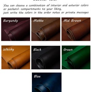 May include: Leather color options for a custom leather item.  The colors are: Burgundy, Mokka, Mid Brown, Whisky, Black, Green, and Blue.