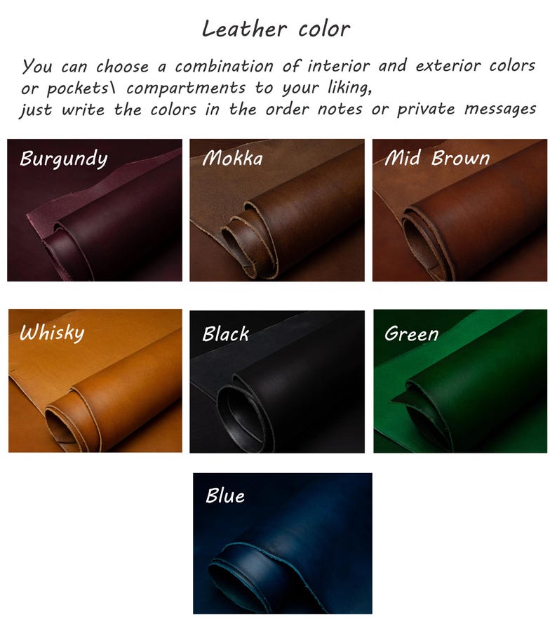 May include: Leather color options for a custom leather item.  The colors are: Burgundy, Mokka, Mid Brown, Whisky, Black, Green, and Blue.