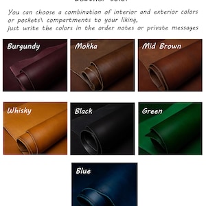 May include: Leather color options for a custom leather product.  The colors are: Burgundy, Mokka, Mid Brown, Whisky, Black, Green, and Blue.