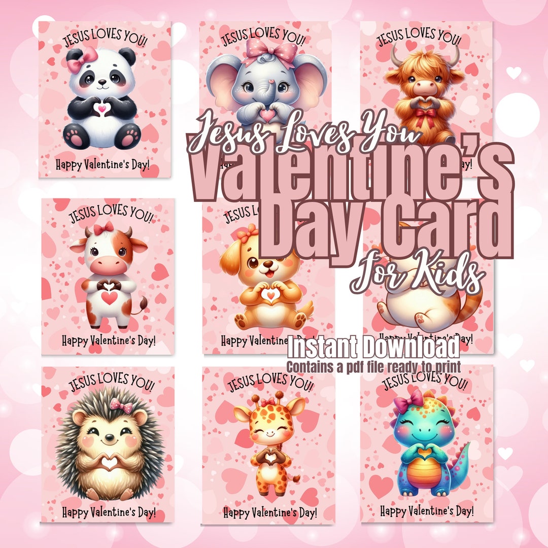 Jesus Loves You Valentines Cards for Kids, Animal Vday Cards (instant ...