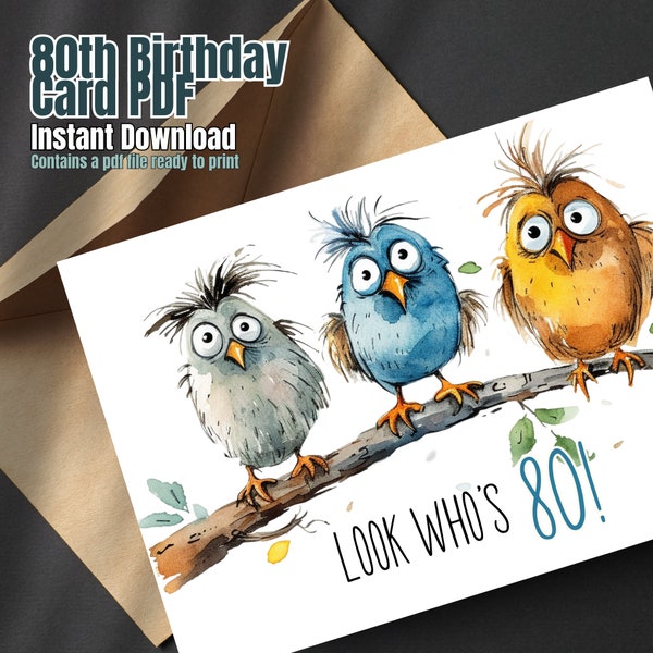 Karte zum 80. Geburtstag, Sofort-Download, PDF-Karte, Umschlagvorlage inklusive, Alles Gute zum Geburtstagskarte, Karte für Achtzigjährigen, Karte zum 80. Geburtstag