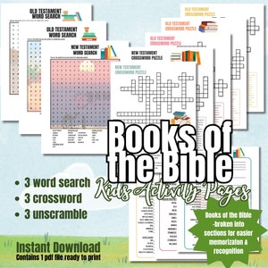 Books of the Bible Children’s Printables, 9 worksheets, Children’s Word Search, Kids Crossword, Bible Instant Download, Kid's Activity Pages