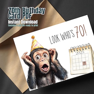 70th Birthday Card, Instant Download, Monkey PDF card, Envelope Template Included, Card for Septuagenarian, 70 Years Old Birthday Card