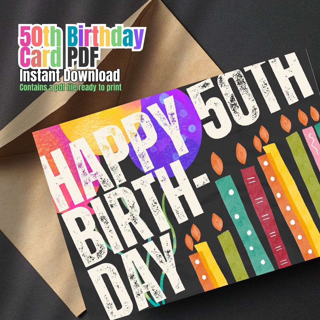 50th Birthday Card, Instant Download, PDF Card, Envelope Template ...